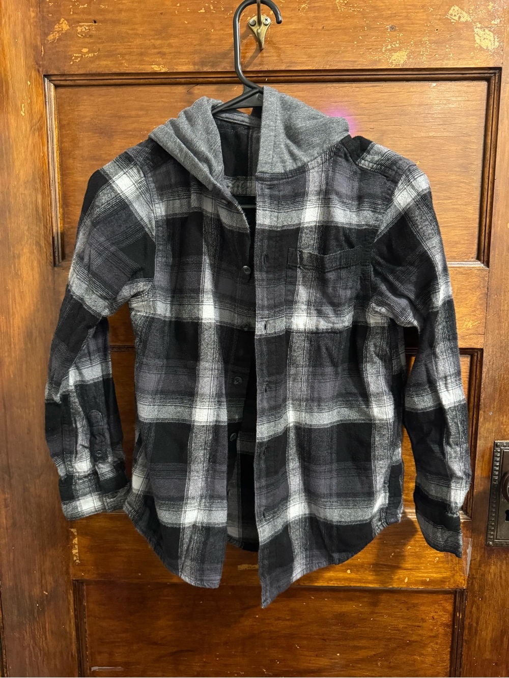wonder nation Black & Gray Plaid Hooded Button-Down Shirt